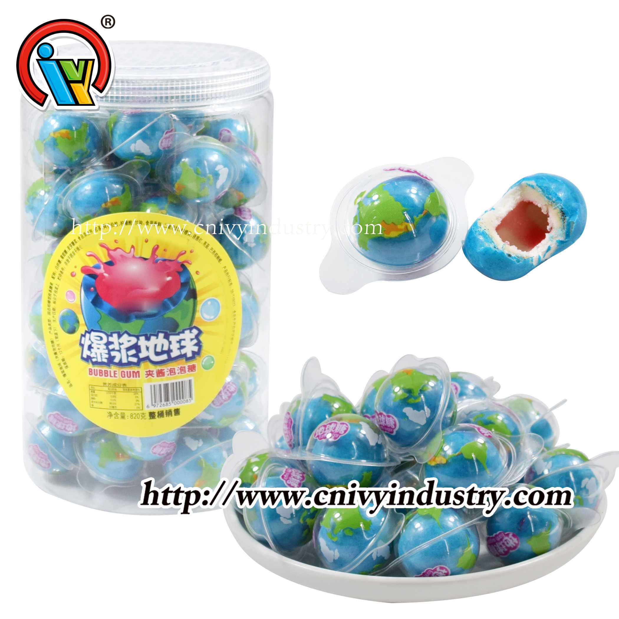 Liquid jam filled bubble gum candy