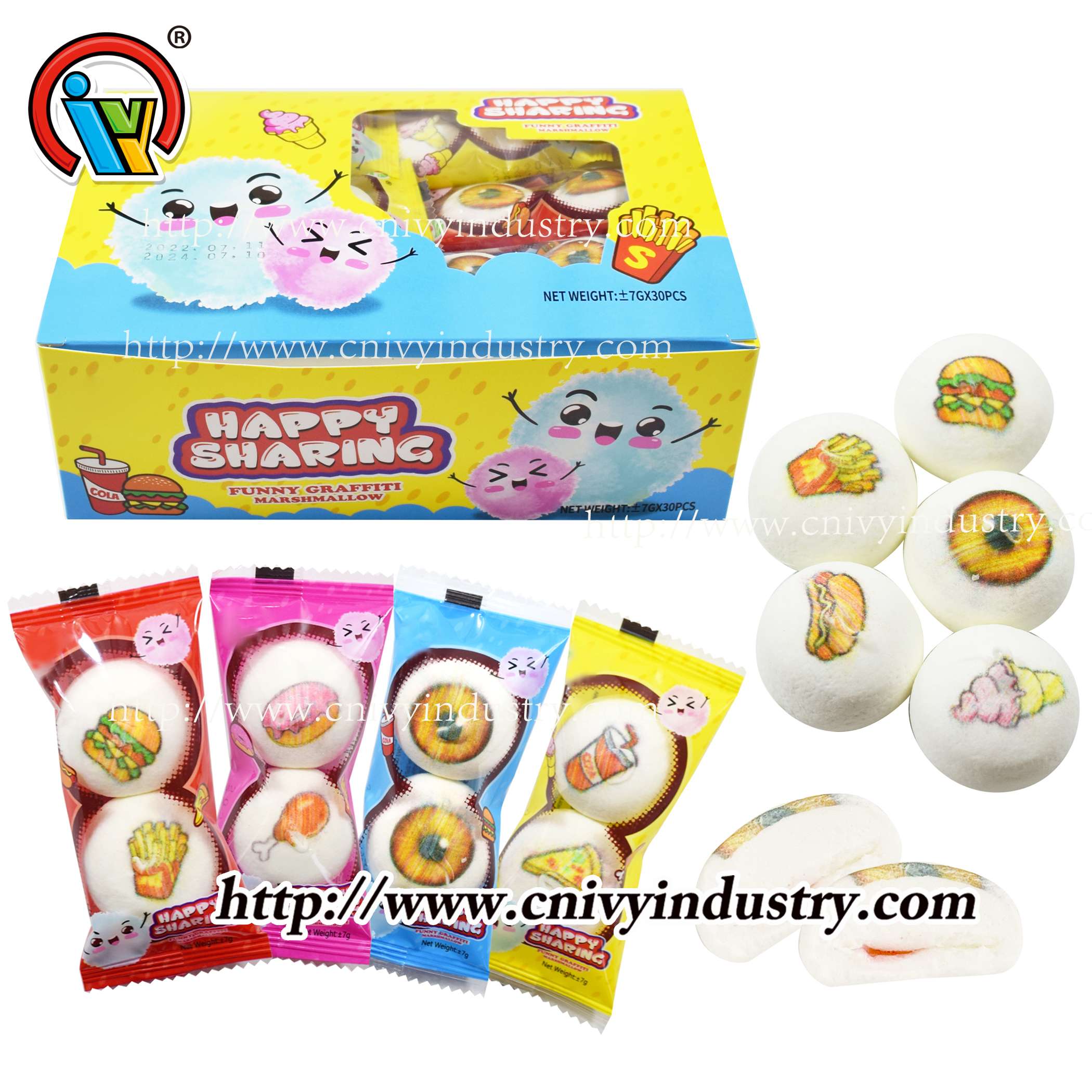 printed marshmallow candy with jam filling