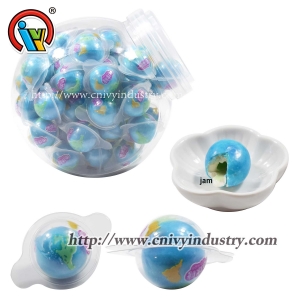 Liquid jam center filled Earth shape bubble gum