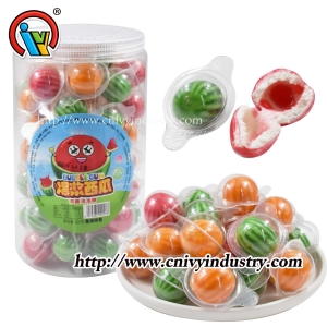 Liquid jam filled bubble gum candy